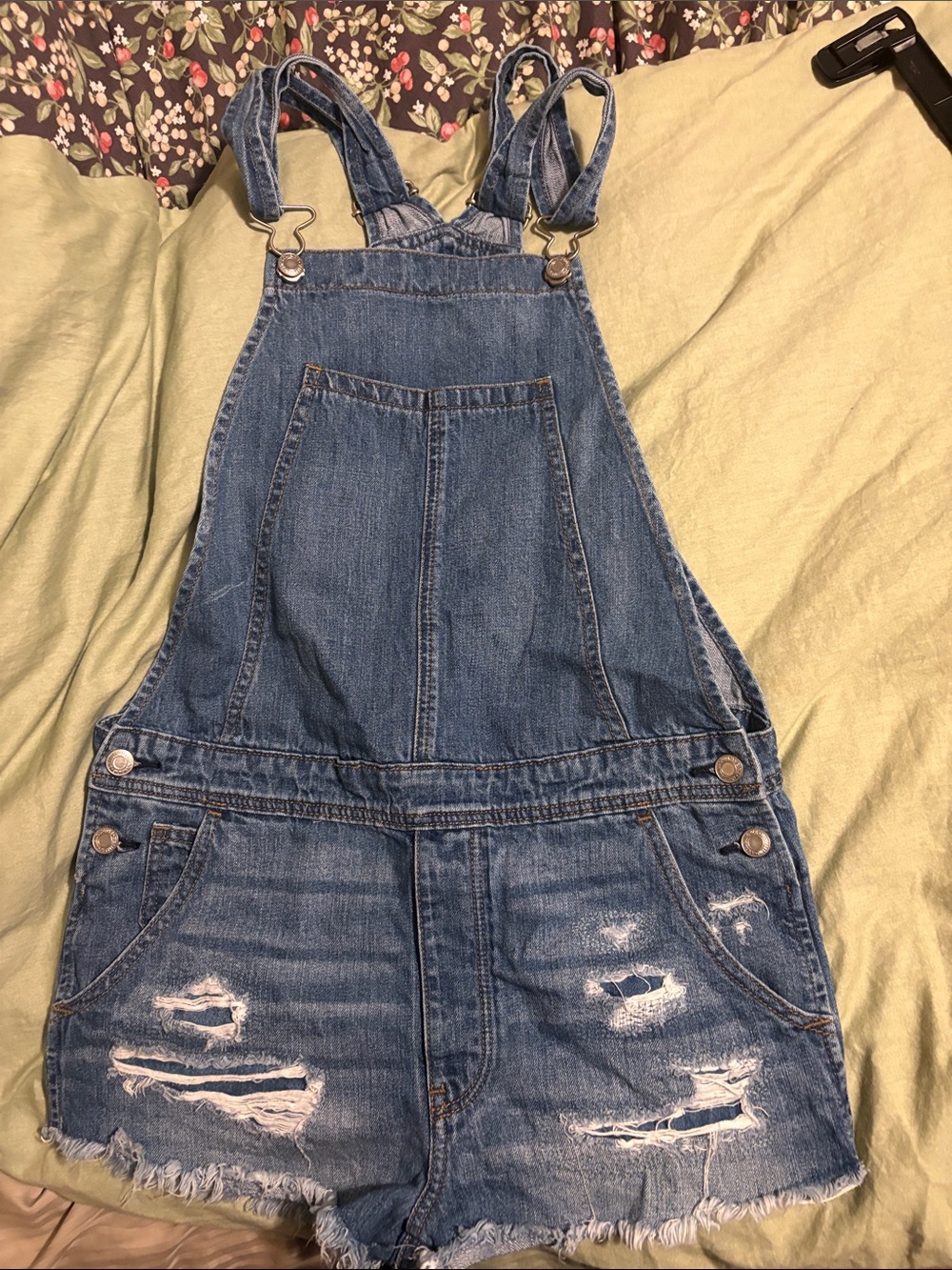 American Eagle Outfitters Distressed Blue Denim Short Overalls
